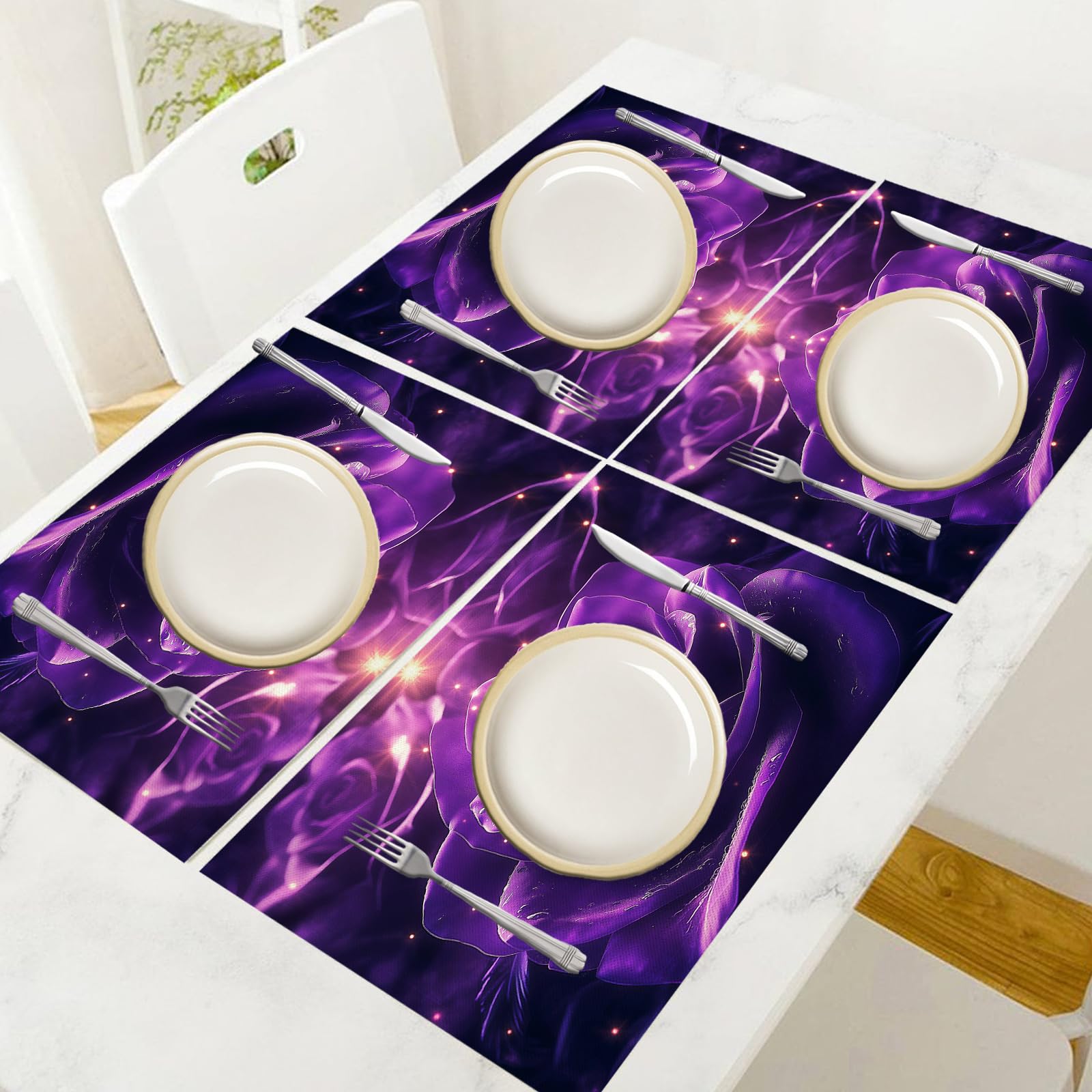 Pack de 8 Table Rêve en Coton et Lin - Set de décoration de Table Rose Pourpre pour événements, Mariage, Anniversaire, dîner, café, Cuisine 30×45cm