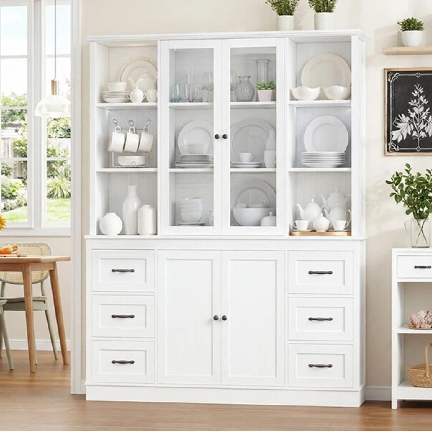 HIFIT 74.4''Hx63''W Large Pantry Cabinet for Food Storage, Kitchen Hutch Cabinet with Storage, Glass Doors Tall Wine Bar Cabinet, Large Bookcase with Drawers, White