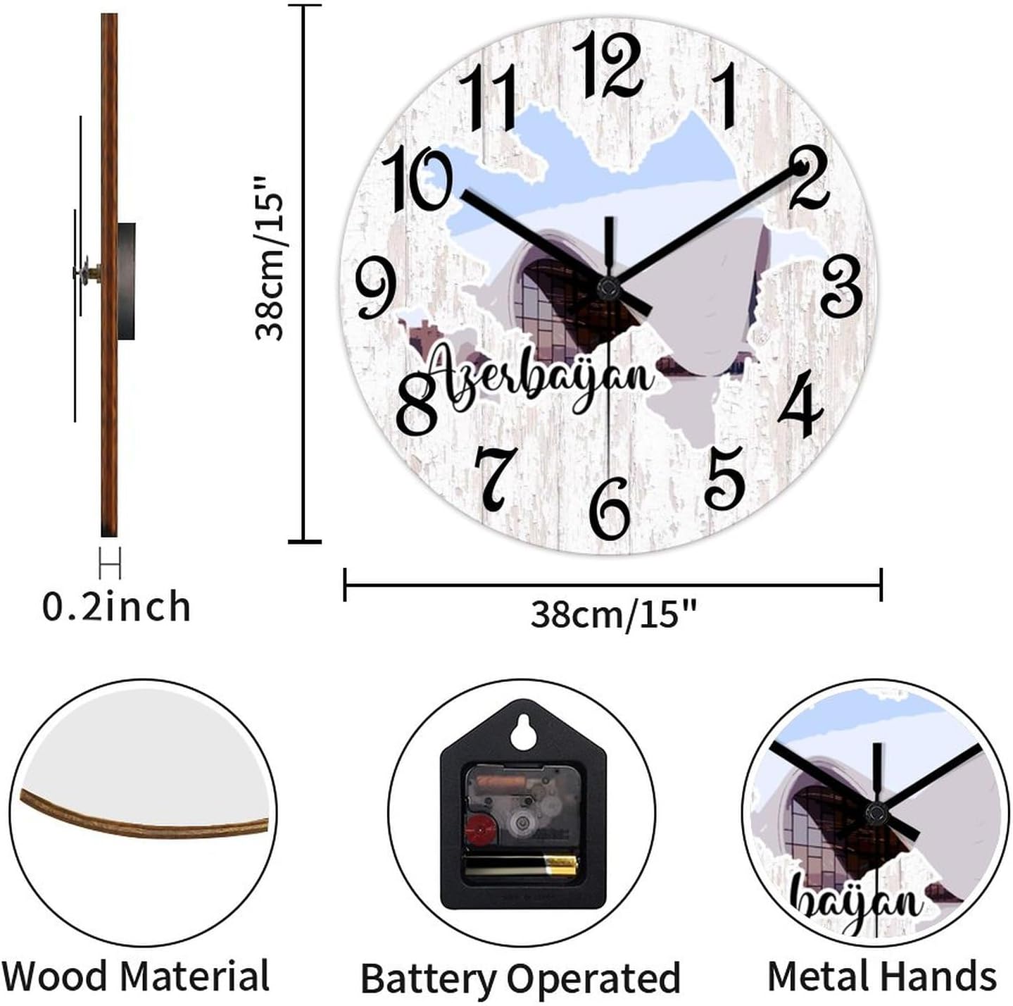 Azerbaijan Landmark Landscape Wall Clock Azerbaijan Map Wooden Wall Clocks Battery Operated 15 Inch Non-Ticking Retro Cabin Wall Decor for Kitchen Bedroom Living Room Office