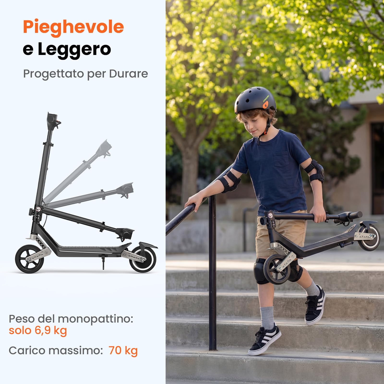 isinwheel Monopattino Elettrico Bambini K6,6-12 Anni,Ruote Piene 6,5",3 Velocità 5/10/16 km/h,Doppia Sospensione Anteriore/Posteriore,3 Modalità LED,Bluetooth,Pieghevole Regolabile,70 kg