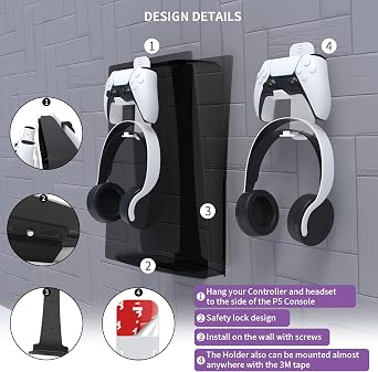 EJGAME Wall Mount Shelf Bundle Compatible with PS5(Disc/Digital) Edition, Sturdy Steel Wall Mount Bracket with Controller & Headphone Holder Hanger