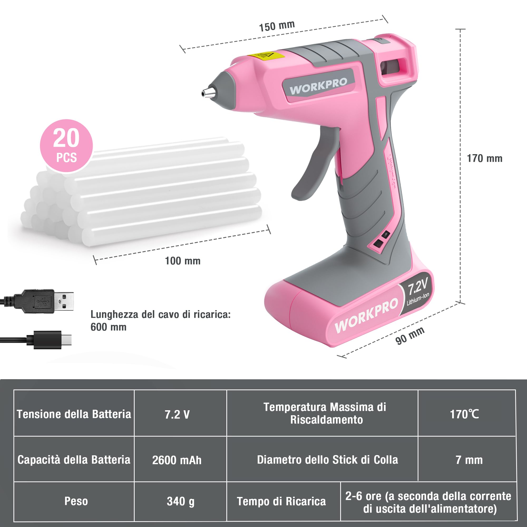 WORKPRO Pistola per Colla a Caldo 7,2V, a Batteria, Senza Fili e con Cavo, con 20 Stick di Colla, Riscaldamento Rapido in 30s, Ricarica USB-C, Erogazione Veloce, per Fai-da-te e Decorazioni