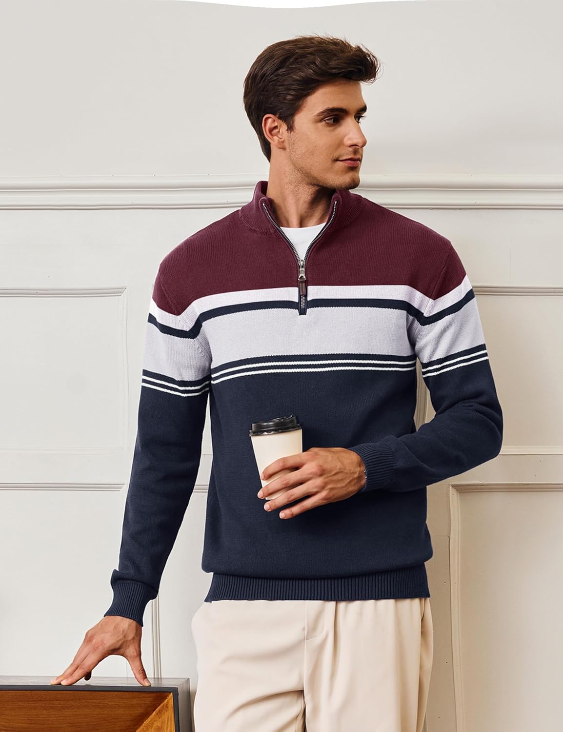 CRYSULLY Mens Sweater 1/4 Zip Cotton Polo Pullover Sweaters Casual Fall Winter Spring Striped Sweatshirts - Image 3