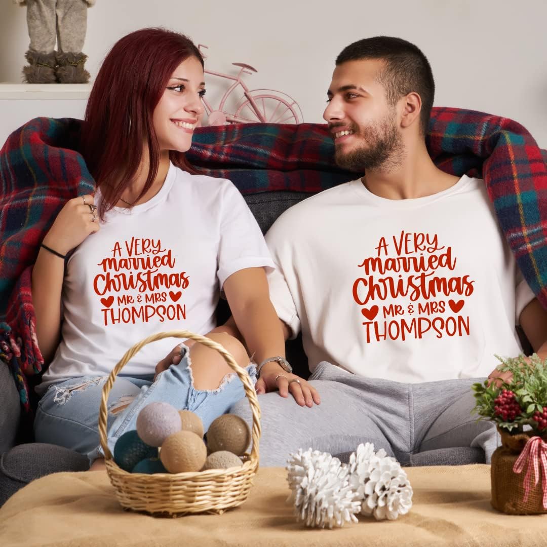 A Very Married Christmas Couple Outfits, His and Her Christmas Shirts for Couple, Our First Christmas As Mr and Mrs Christmas Shirts, Just Married Christmas Couples Pajamas Matching Sets Multicolor