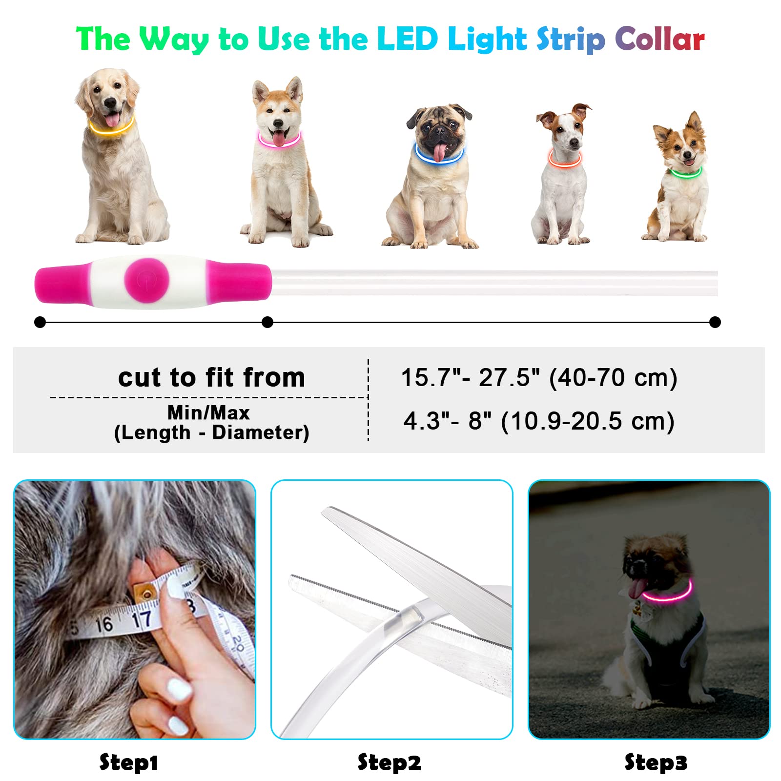 AUAUY Collare Luminoso per Cani, Collare per Animali Domestico LED Ricaricabile USB, Collare di Lunghezza Regolabile Impermeabile per Cani di Taglia Piccola Media Grande e Gatti (Rosa)