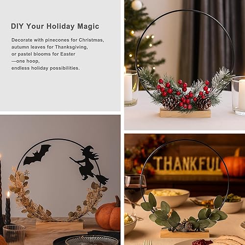 Miniatura 7 de Paquete de 10 aros florales negros con soporte, anillos de metal de 18 pulgadas para centros de mesa, decoración de mesa, manualidades, anillos de