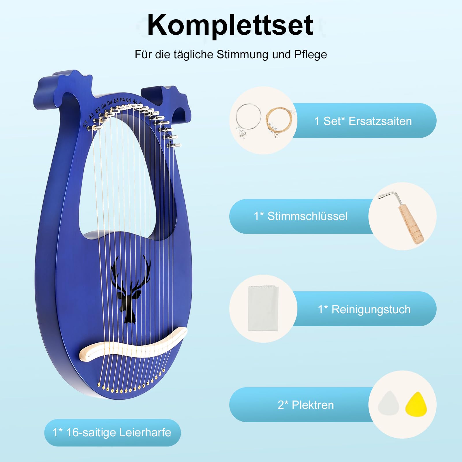 Lyre Arpa Strumento Piccola Arpa Lira 16 Corde, Lira Arpa Mogano 16 Corde con chiave a accordo, Eccellente qualità del suono, ideale per bambini e principianti.