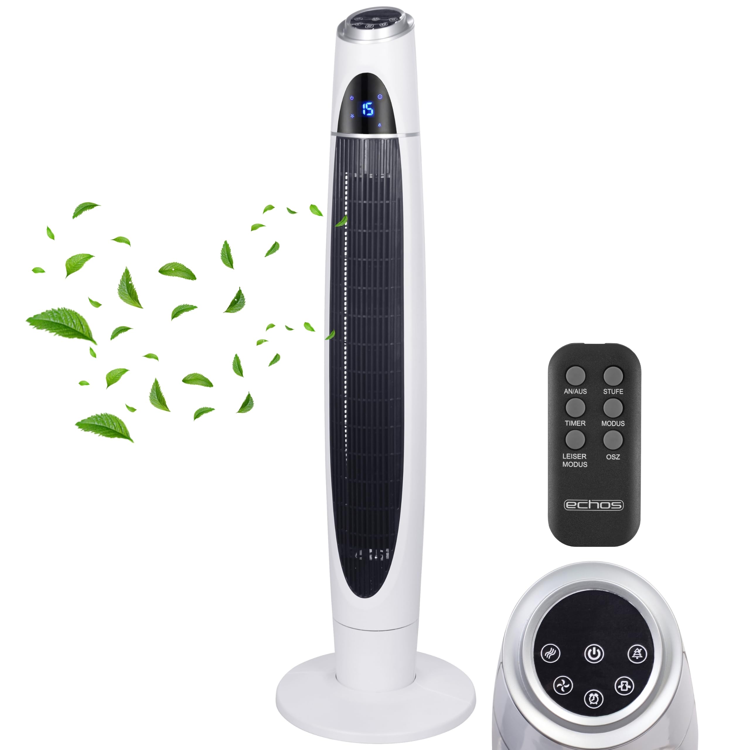 Echos Turmventilator | Ventilator sehr leise | Fernbedienung | Oszillierend | LED-Display | 3 Stufen | Tower Fan | Säulenventilator | Standventilator | Tower-Ventilator | Luftkühler (Schwarz/Weiß)