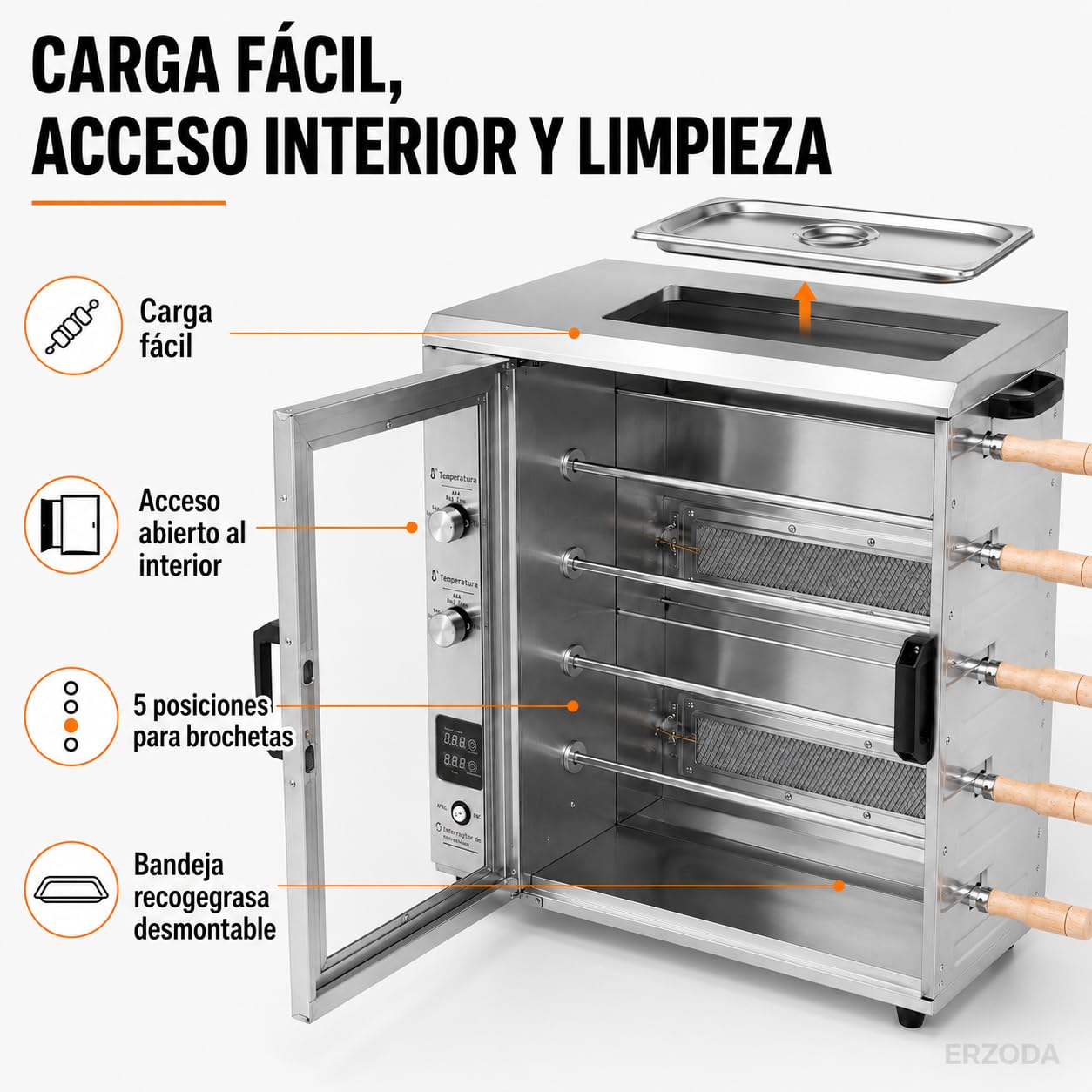 Asador de Pollos Profesional a Gas GLP, Horno Rotativo de Sobremesa con 5 Brochetas, Acero Inoxidable y Puerta de Vidrio