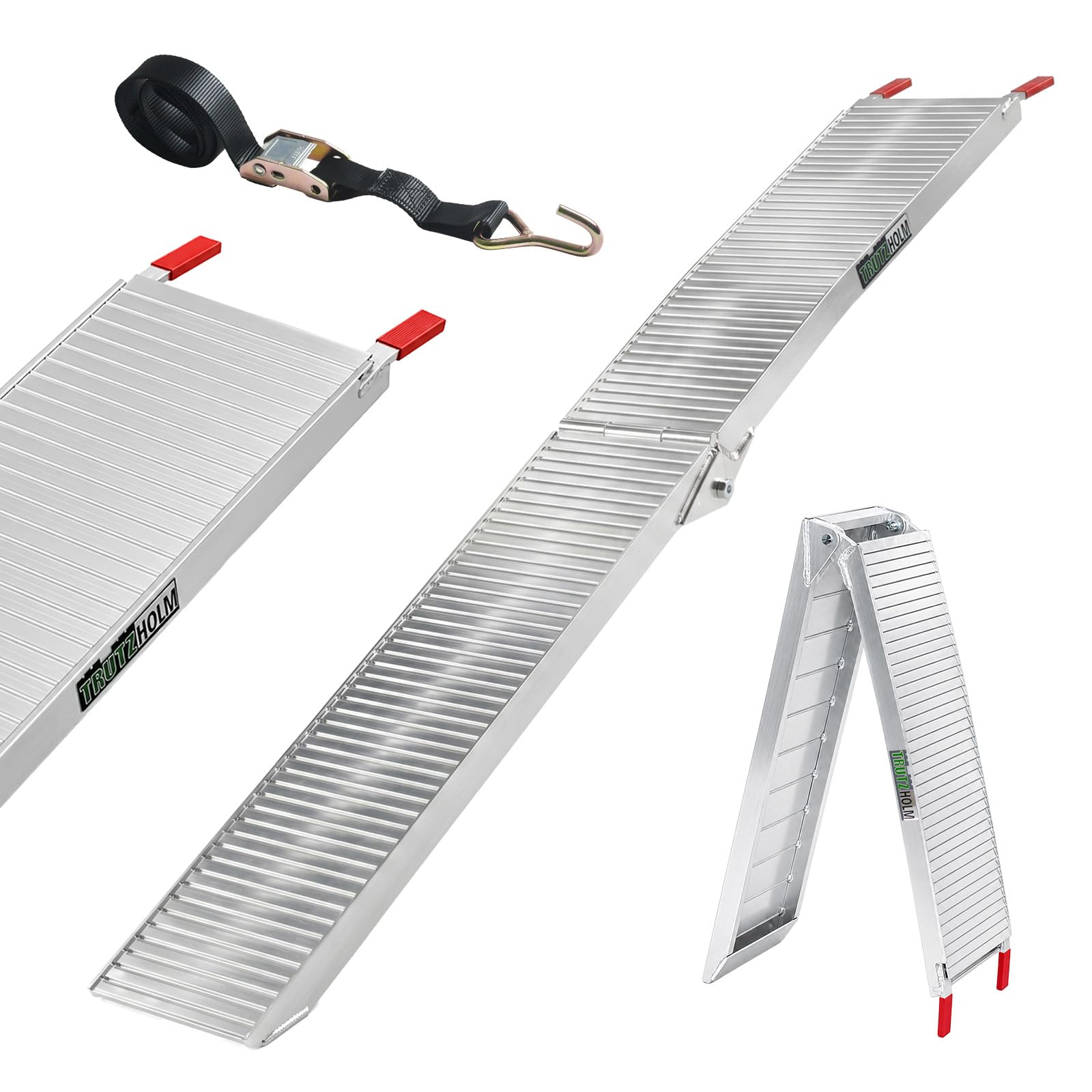TRUTZHOLM Auffahrrampe Alu klappbar 205 cm 340 kg Traglast rutschfeste Lauffläche Breite 28 cm Faltbare Motorradrampe extra leicht Verladerampe mit Stabiler Konstruktion inkl. Spanngurt
