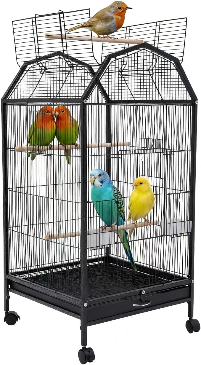 39.9'' Iron Parakeet Bird Cage, Pet Bird Flight Cages with Rolling Stand for Conures Lovebirds Cockatiels Finches Parrot Pet House, Small to Medium Birds