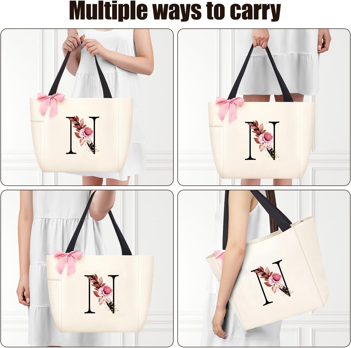 Vavabox Tote Bag, A-Z Initial Monogrammed Waterproof Tote Bag, Bridesmaid Gifts for Women, Black and Pink image 5