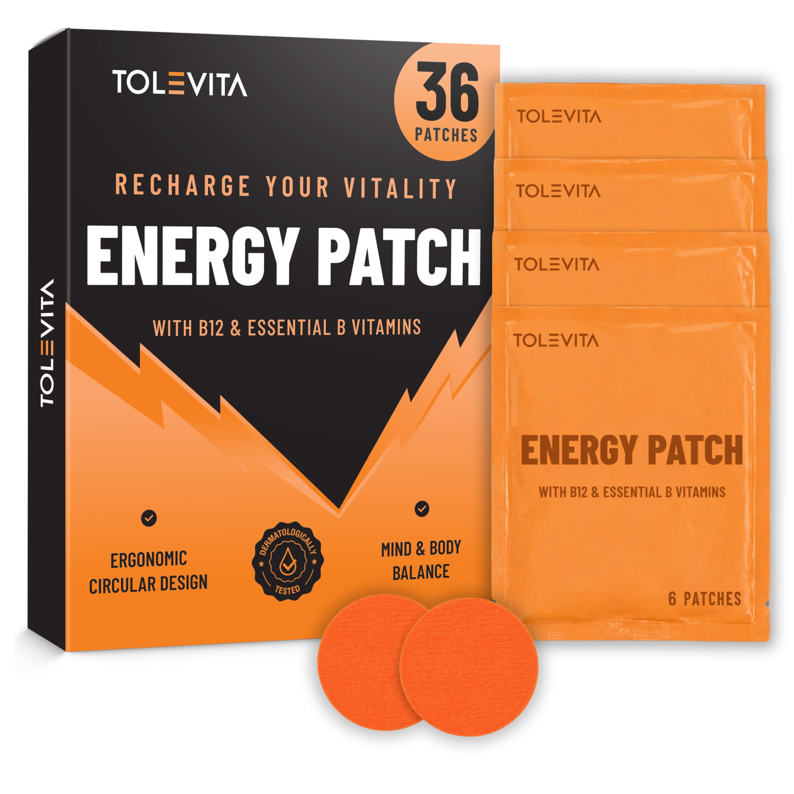 TOLEVITA Energy Patches – 36 Circle-Shaped Patches with Vitamin B12 – Energy, Focus & Vitality for Active Lifestyles, Fitness, Workouts, Travel & Daily Use
