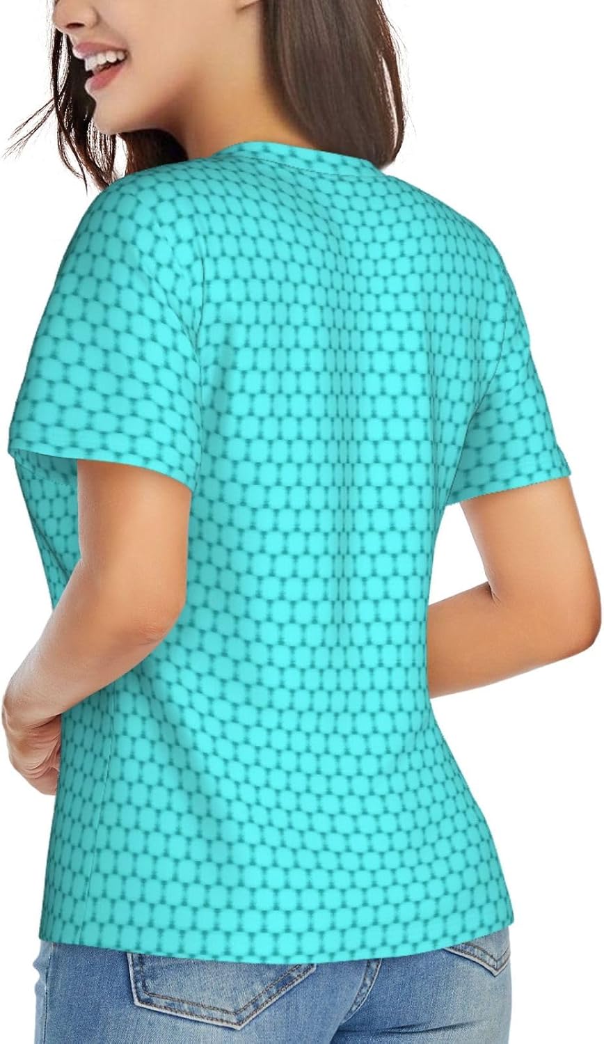 Womens Teal Blue Print Short Sleeve V Neck T-Shirts Casual Breathable Tee Basic Summer Tops 2026
