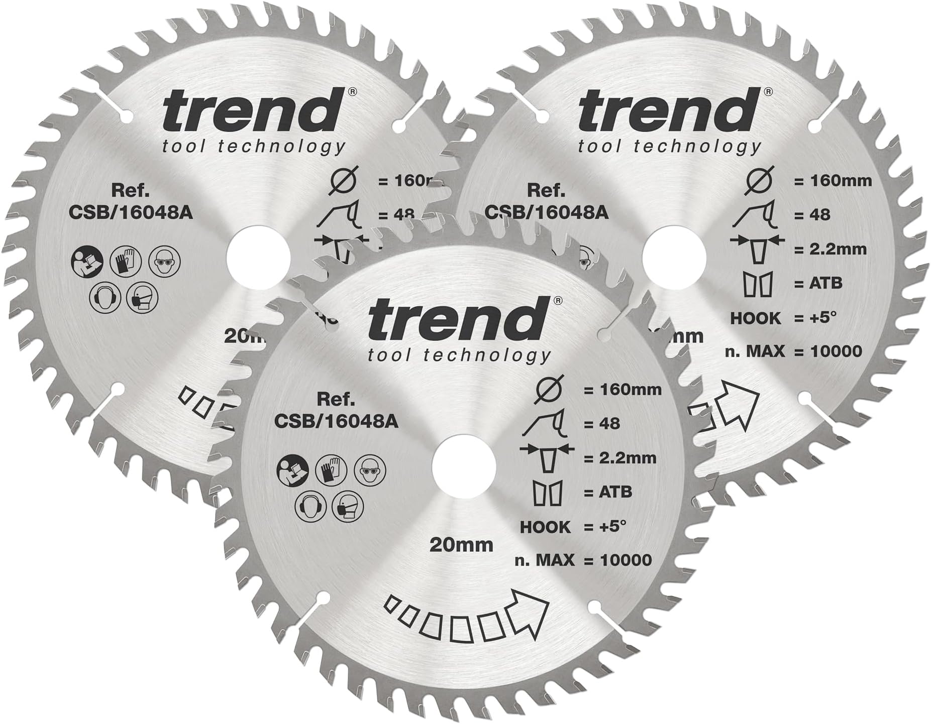 Trend Wood Circular Saw Blades, 160mm Diameter, 20mm Bore, 48 Teeth, 2.2mm Kerf, +15° Hook, TCT, Fine Finish, 3 Pack, CSB/160/3PK