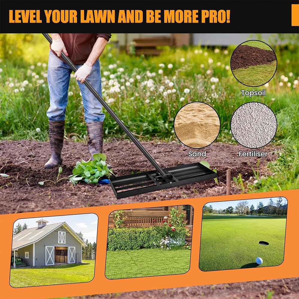 Rastrillo de nivelación de césped de 76 x 25 cm con tallo, rastrillo para nivelación de césped, placa plegable para césped, arena/tierra para campo de golf de jardín.