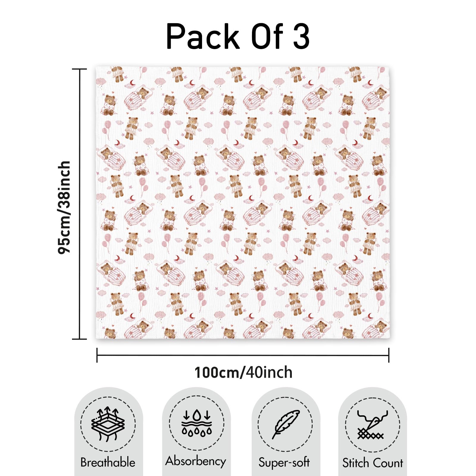 GLLQUEN BABY Baby Blankets for Newborn Soft 3 Pack, Muslin Cotton Baby Boy or Girl Blanket 95x100cm - Image 2