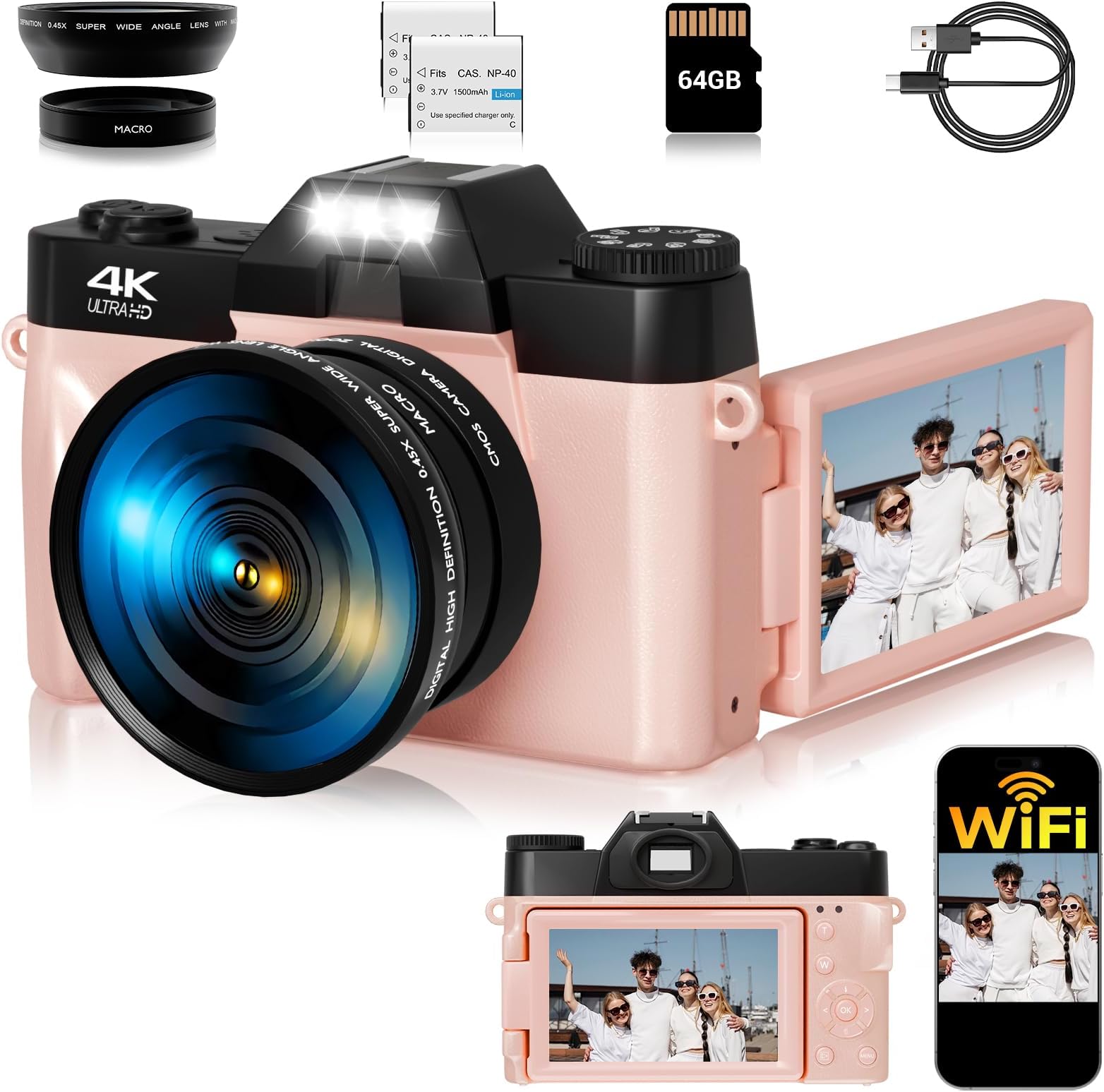 4K Digital Camera for Photography,75MP WiFi Vlogging Camera for YouTube with 3" 180° Flip Screen,16X Zoom, Anti-Shake,2 Batteries,Compact Point and Shoot Cameras with 64GB SD Card for Beginner,Pink