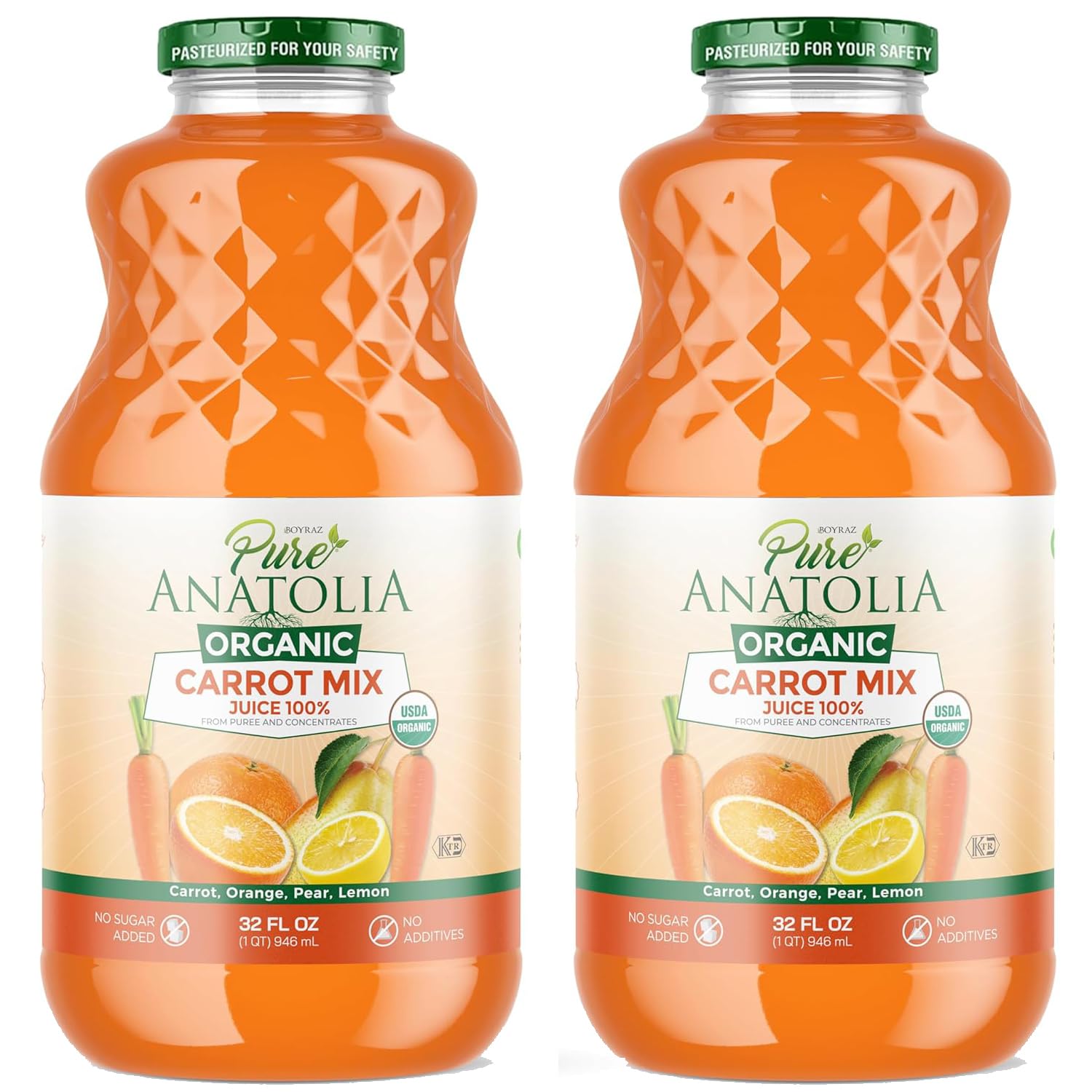100% Organic Carrot Mix Juice by Pure Anatolia - Boost Immunity, Enhance your Health - USDA Organic, Gluten Free, Vegan - 2 Pack Bundle Glass Bottle of 32 fl oz.