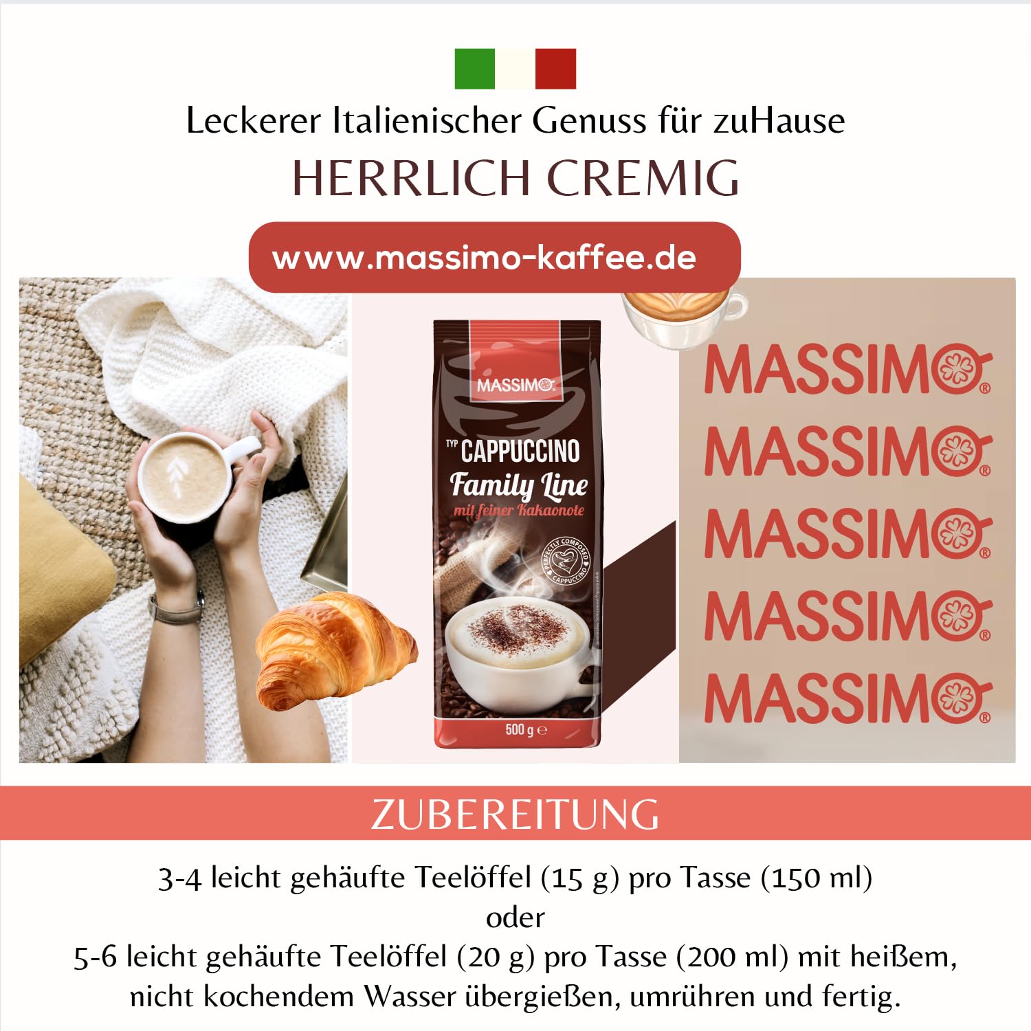 Massimo Cappuccino Family Line z delikatną nutą kakaową 10 x 500 g opakowanie ekonomiczne - pyszne cappuccino instant z nutą palonego kakao