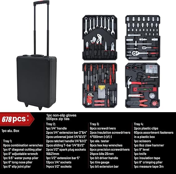 Hantinstom 678PCS Complete Home Tool Set Versatile Rolling Tool Kit for Professional Repair and Maintenance - Heavy and Duty Portable Tool Box with Wheels