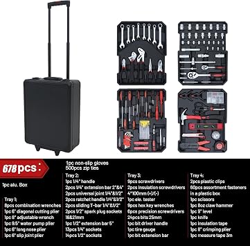 Hantinstom 678PCS Complete Home Tool Set Versatile Rolling Tool Kit for Professional Repair and Maintenance - Heavy and Duty Portable Tool Box with Wheels