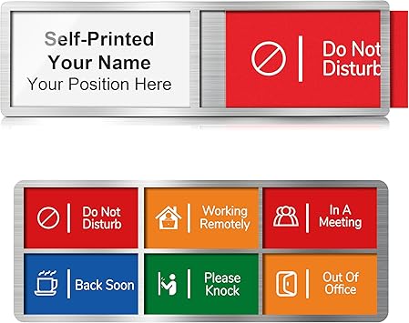 Custom Office Door Signs, Name Plate with 6 Status Options, Do Not Disturb, In A Meeting, Out Of Office, Working Remotely, Please Knock, Back Soon, Personalized Privacy Busy Sign, Self-Printable, Brushed Silver, 8 x 2.7 inch