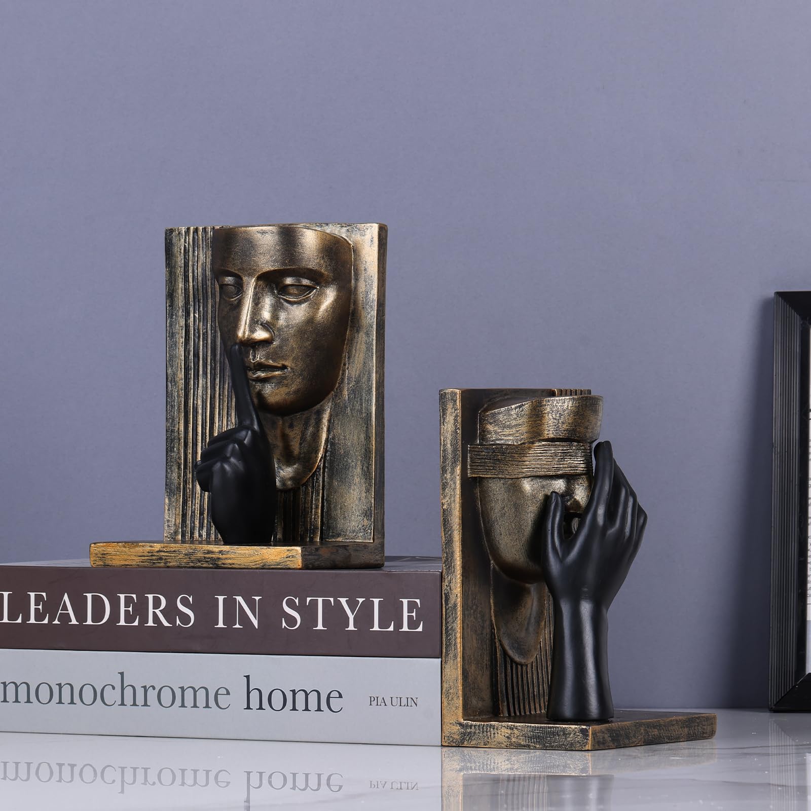 Set di 2 fermalibri con scultura astratta, stile moderno, nero e oro, statue decorative uniche per libreria, casa, ufficio e biblioteca (oro nero)