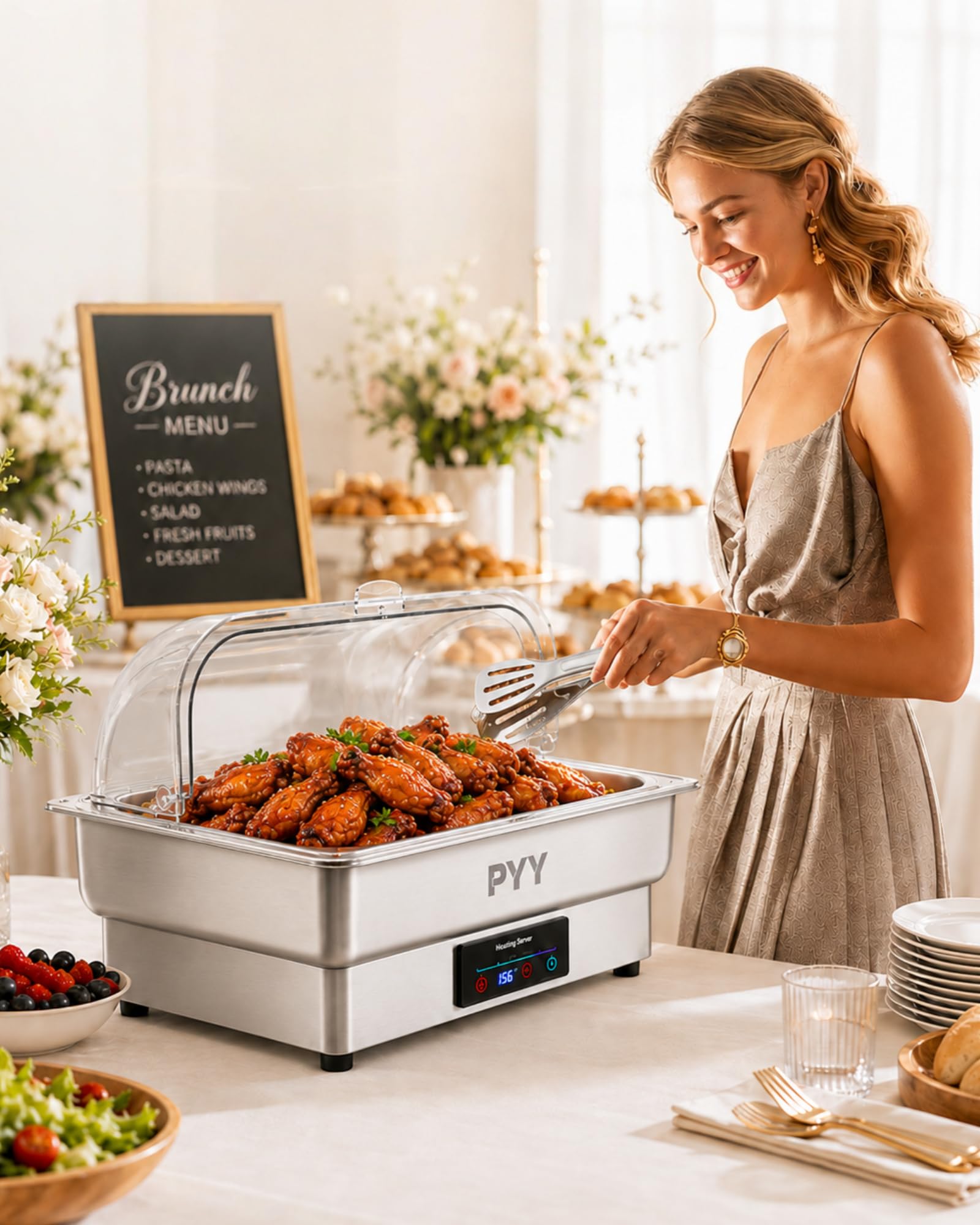PYY Juego de Platos eléctricos para bufé, Plato de frotamiento con Parte Superior Enrollable, Juego de Servidor de Rozaduras de Acero Inoxidable para Catering, bufés (tamaño Completo con Tapa)
