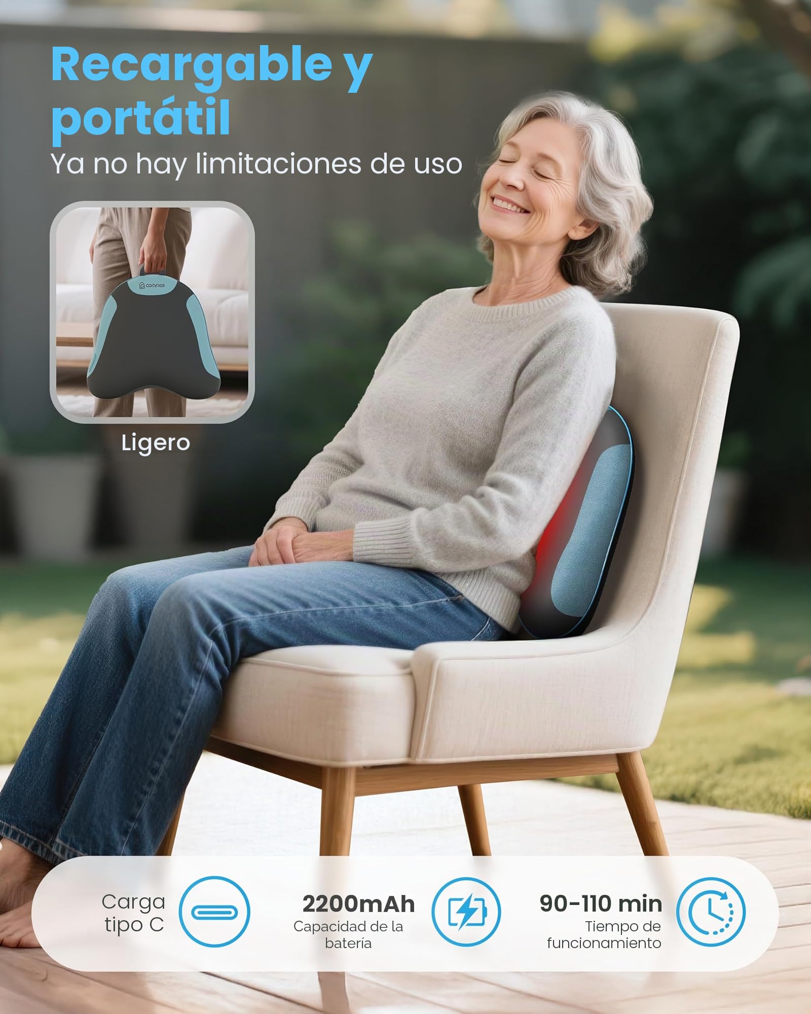 COMFIER Masajeador Cervical y Espalda Inalámbrico con Función de Calor, Cojín de Masaje Shiatsu para Aliviar el Dolor de Cuello y Hombros, Masajeador Espalda y Lumbar, Regalo para Mujeres y Hombres