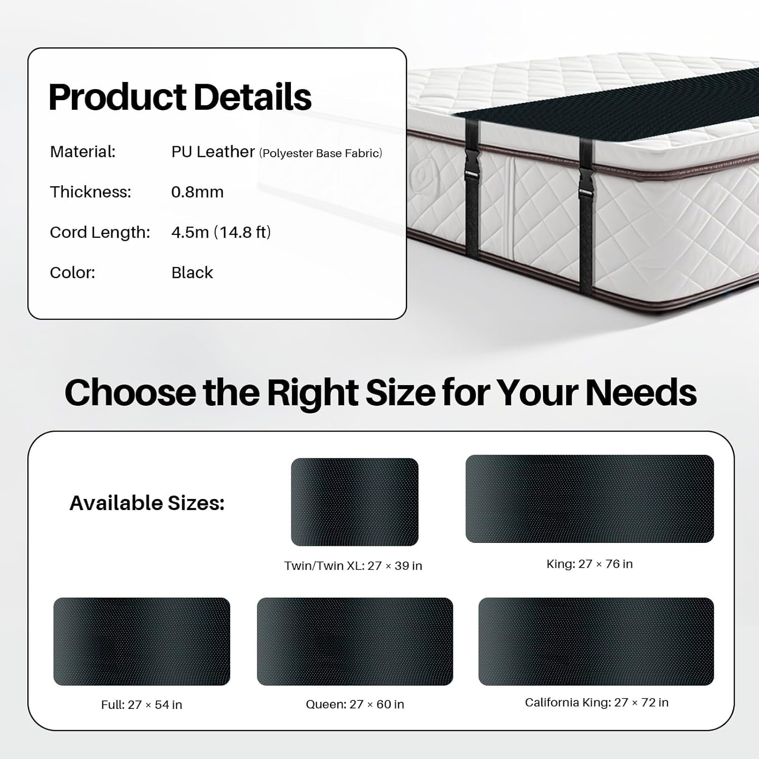 Grounding Mat for Bed: Improved Sleep and Stress Relief - Grounding Pad with Anti-Slip PU Leather - Mattress Pad Kit with Cord (California King Size 72''×27‘’)