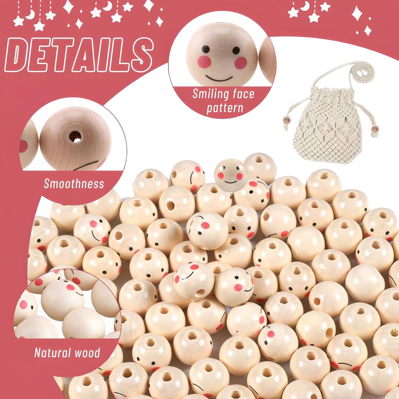 60 Perles En Bois Avec Visage, 20mm Naturel, Rondes Pour