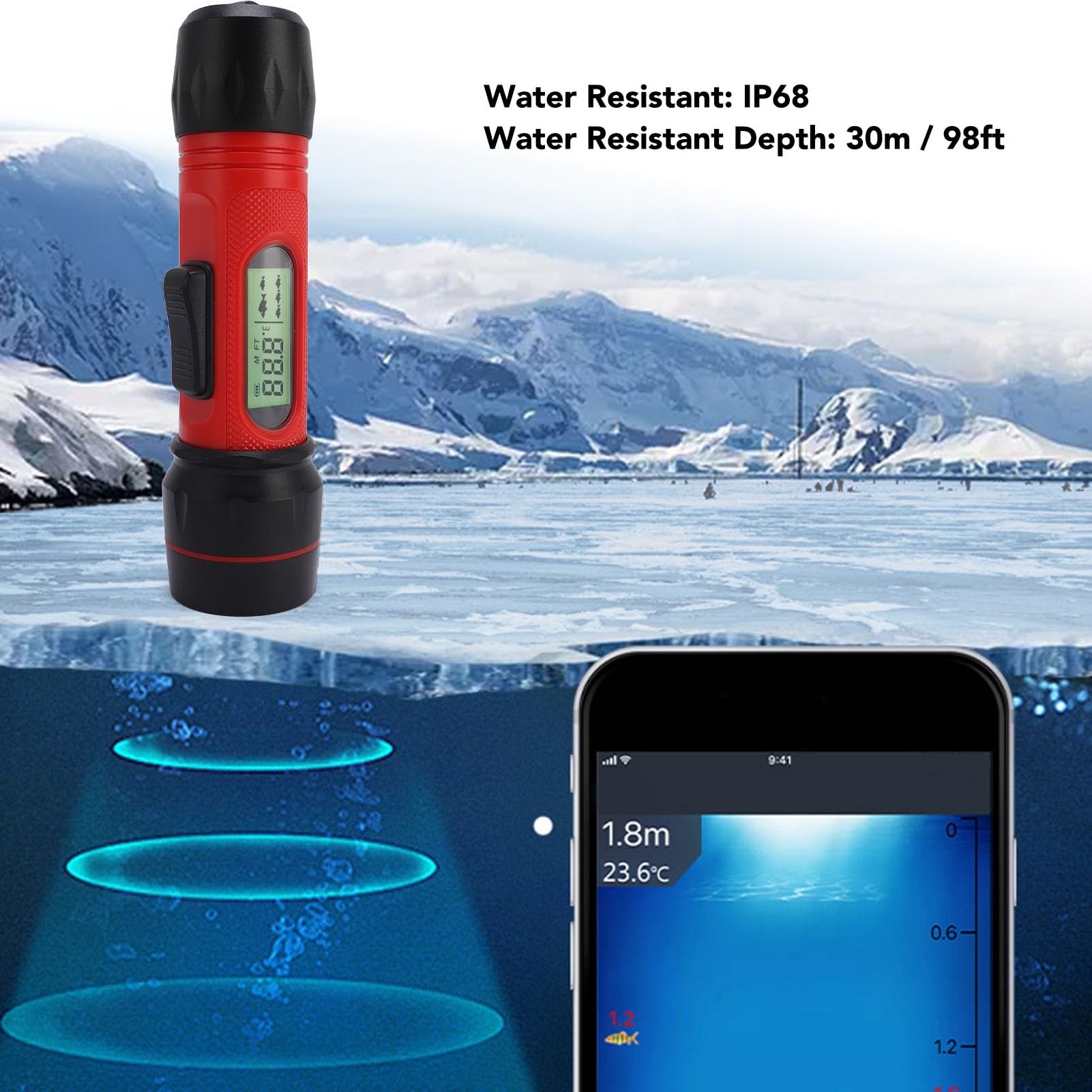 Denash Fischfinder, Sonar-Handheld IP68, Wasserdicht, 90 M Tiefenmesser mit LCD-Display für Kajakboot-Eisfischen, Tragbarer Fischtiefenmesser