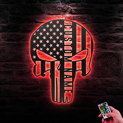 Miniatura 5 de Letrero de nombre personalizado con luz LED, 16 colores, diseño de calavera de castigador estadounidense, arte de pared de metal americano, luz LED,