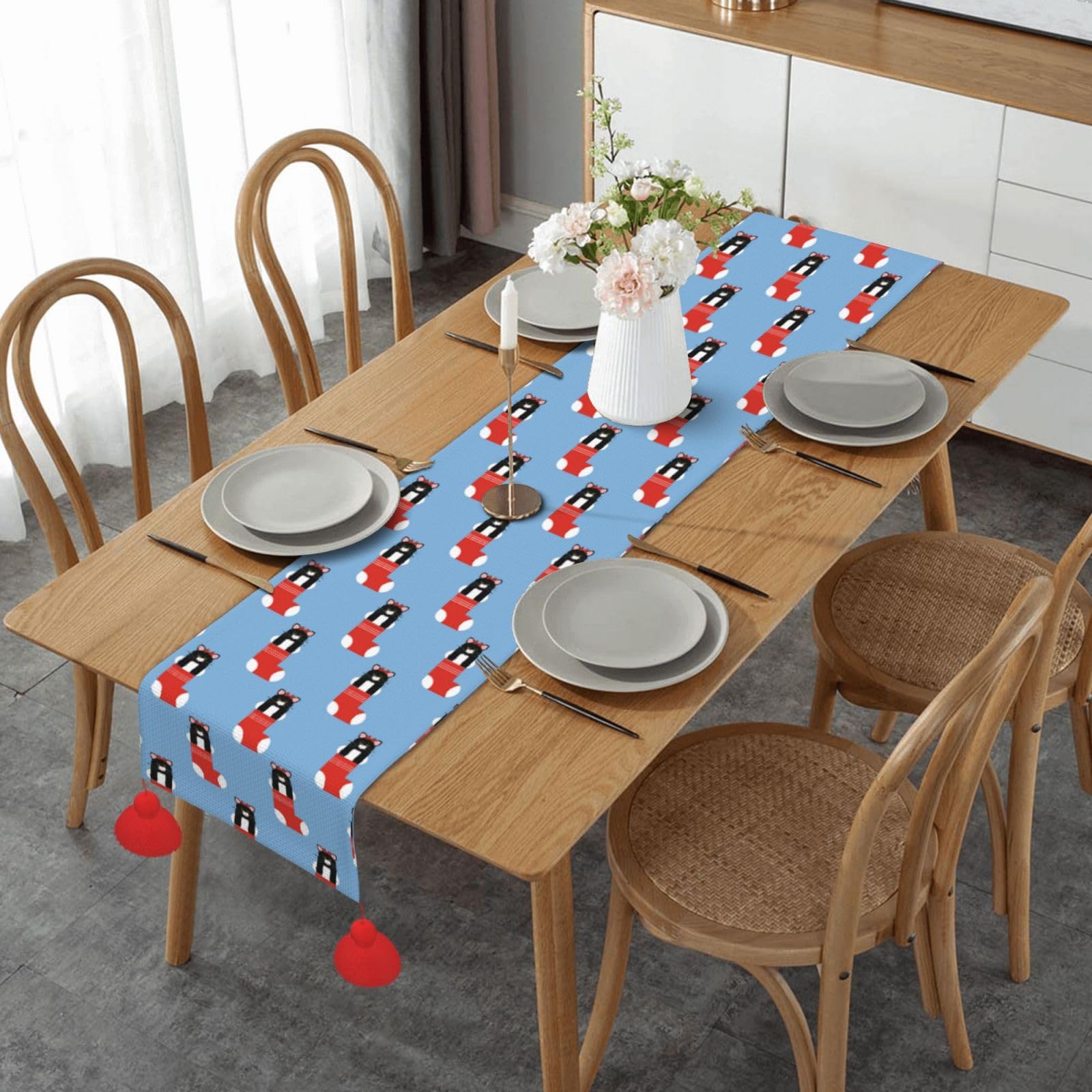 Chemin de table chat de Noël antidérapant à pompons pour repas de fête 35x152 cm