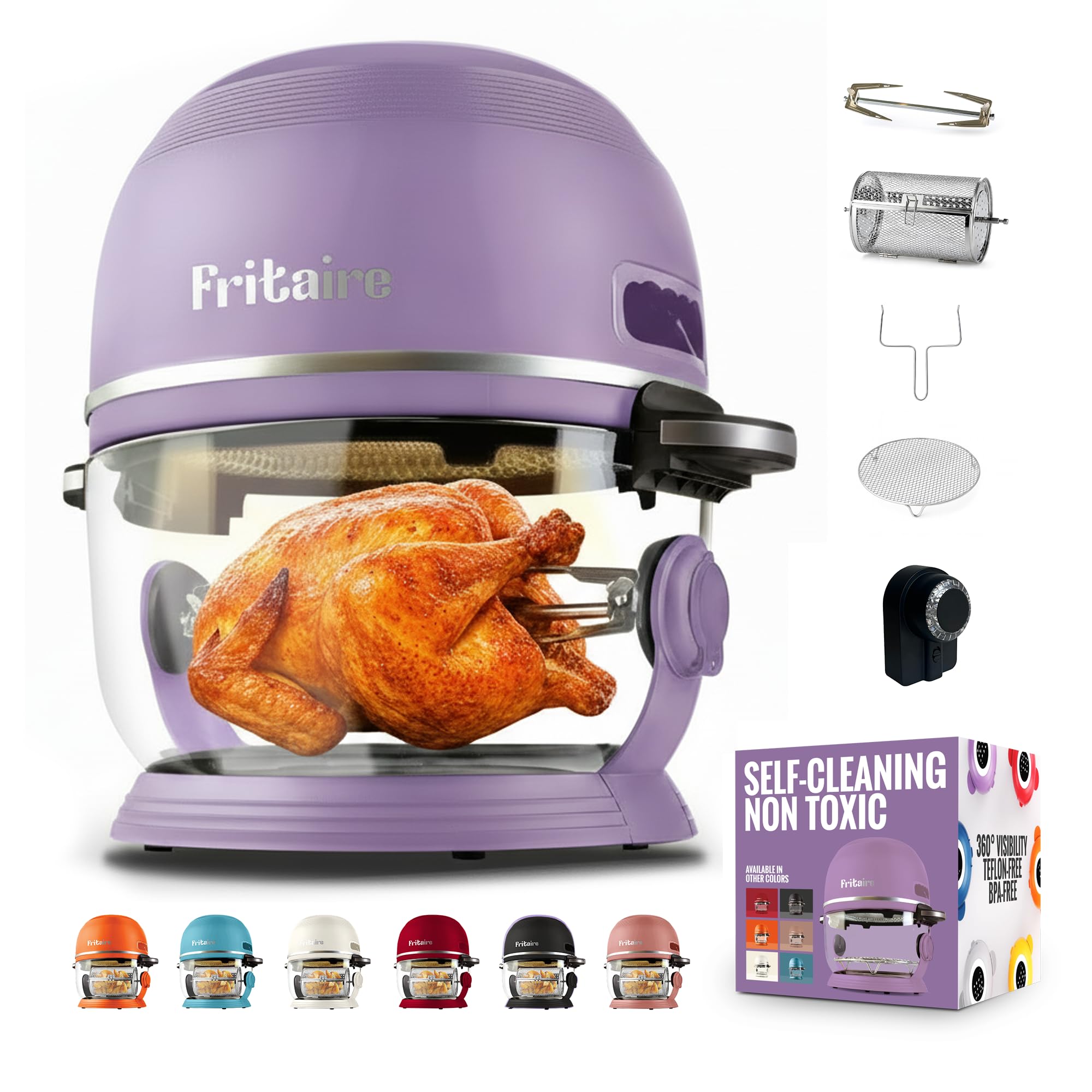 Non Toxic Air Fryer™ - Glass AirFryer 5 Quart w/ 360 Visibility, Self-Cleaning, 400F Vortex Air Fryer for Even Cooking, BPA-Free Teflon Free, 9-in-1 Functions, Rotisserie, Roast, Bake, Lavender
