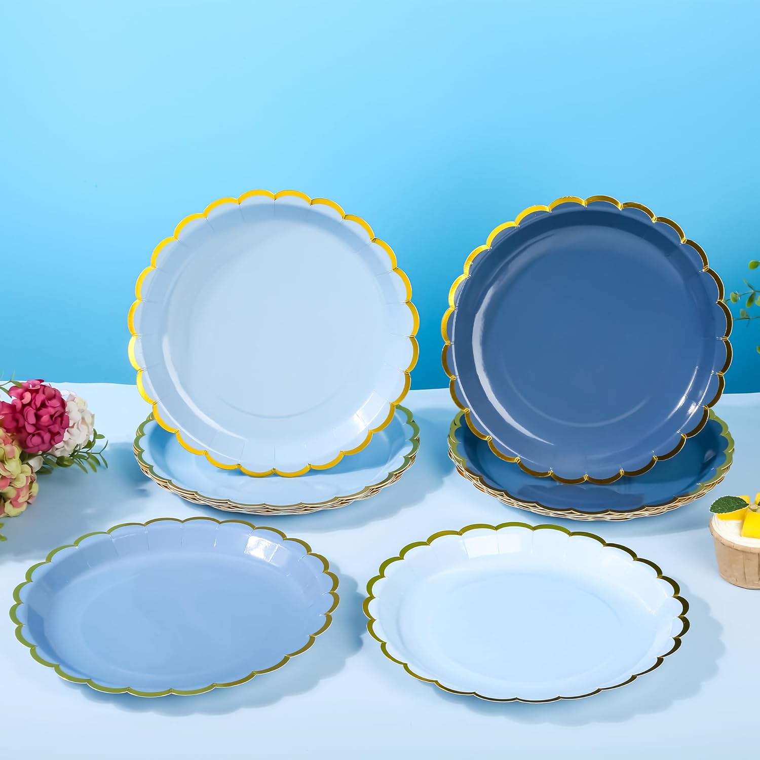 AimFun 24 Pcs Dusty Blue Disposable Paper Plates Gold Foil Scalloped Party Plates 9 Inch Gradient Serving Plates for Fathers Day Birthday Wedding Bridal Baby Shower Party Supplies