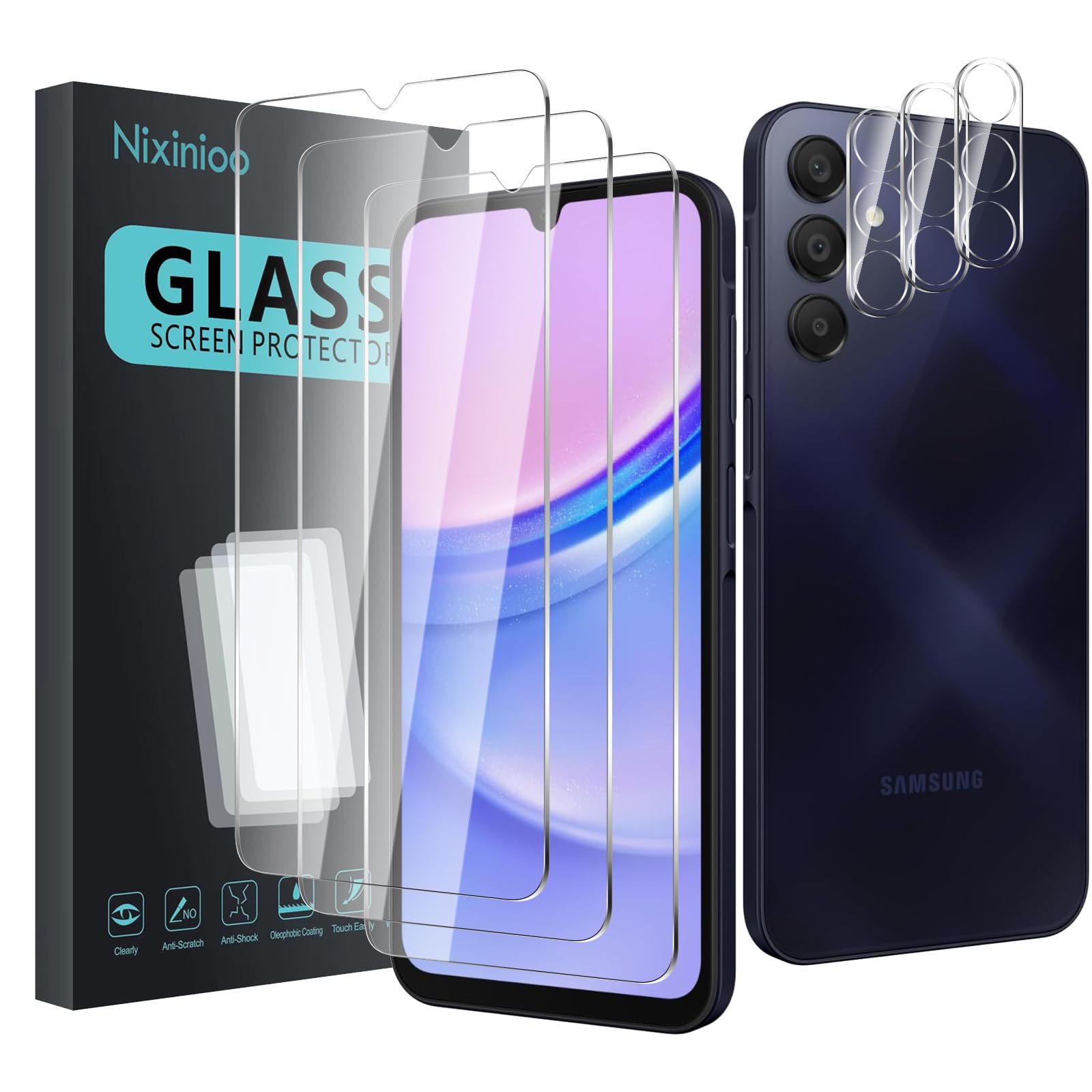 Nixinioo 3 Pack Tempered Glass Screen Protector for Samsung Galaxy A15 5G / 4G + 3 Pack Camera Lens Protector, Anti-Fingerprint, 9H Hardness,