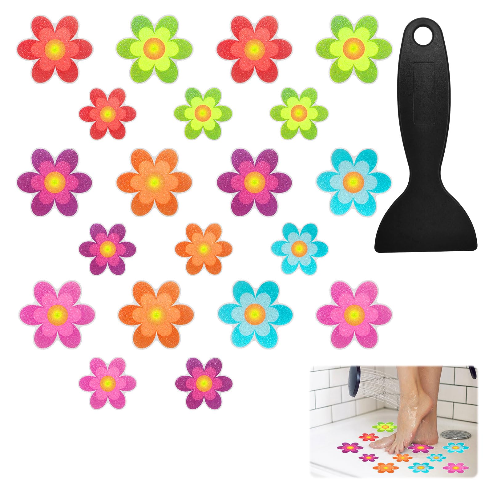 Penfuzon Flower Design Shower Floor Non Slip Bath Stickers, 20PCS Bathroom Safety Stickers with Scraper Tool, 11.5cm and 8cm Diameter