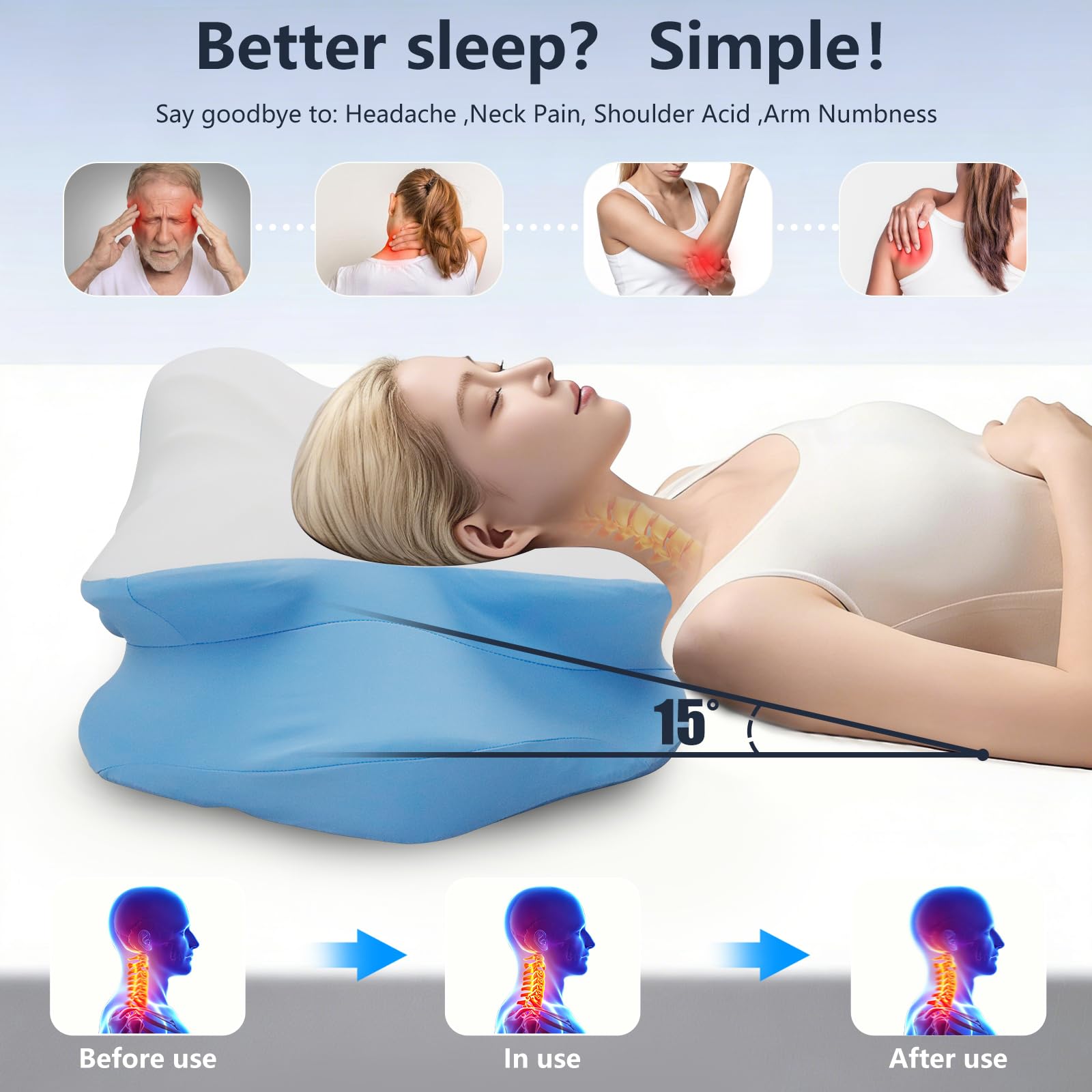 Ergonomic Cervical Neck Pillow: Memory Foam Support Pillows for Side Back Stomach Sleepers with Breathable Cooling Pillowcase and Dual-Height Zones - 3