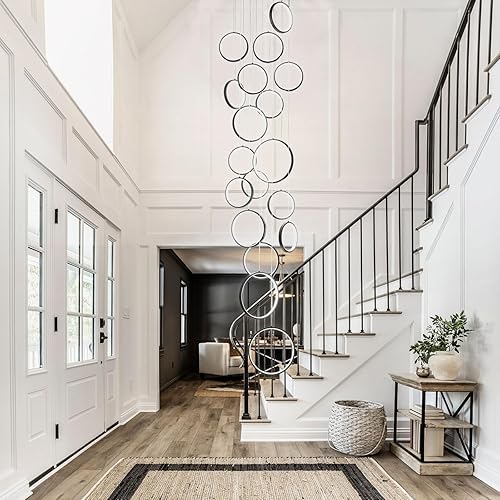Miniatura 2 de Candelabro grande para techos altos y escaleras largas, lámpara de vestíbulo de 18 anillos con control remoto regulable y altura ajustable