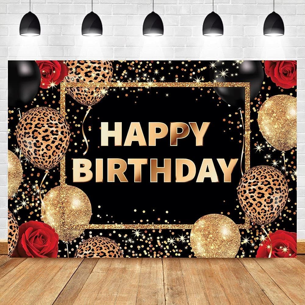 Homewelle Leopard Print Happy Birthday Backdrop 5Wx3H Feet Polyester Fabric Black Gold Red Cheetah Print Banner for Woman Girls Decoration Balloon