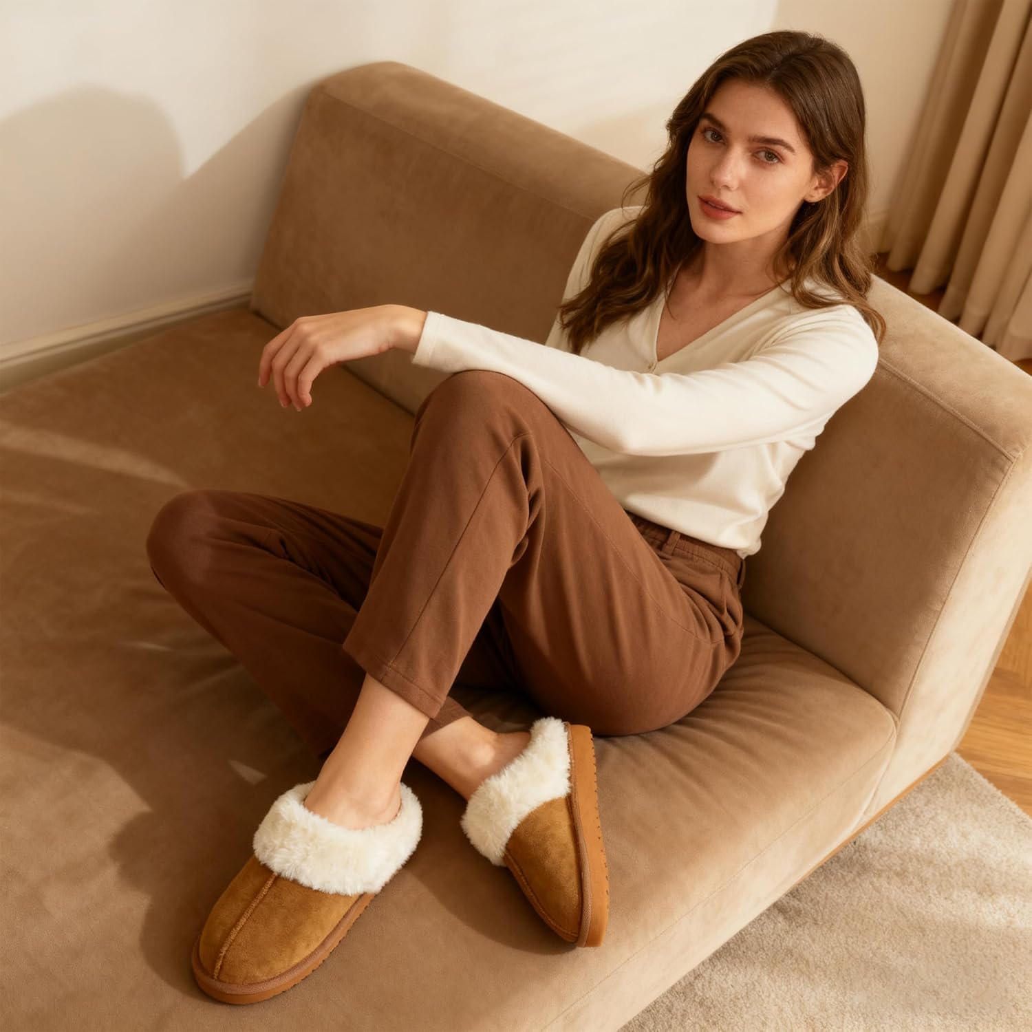 Womens Fluffy Slippers Fuzzy Memory Foam Indoor/Outdoor Shoes Warm Winter House Shoes - Image 2