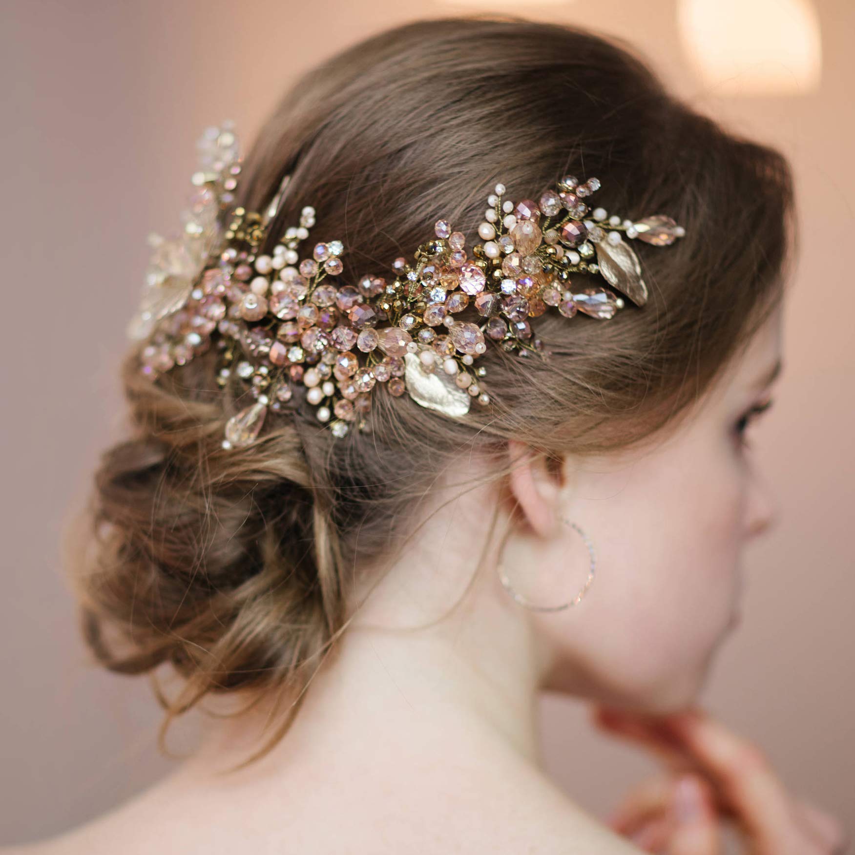 Kercisbeauty Dainty Gold and Champagne Headband for Brides Bridal Tiara Beads Headpiece Women Special Occasion Jewelry Handmade Wedding Gift Vintage - Image 4