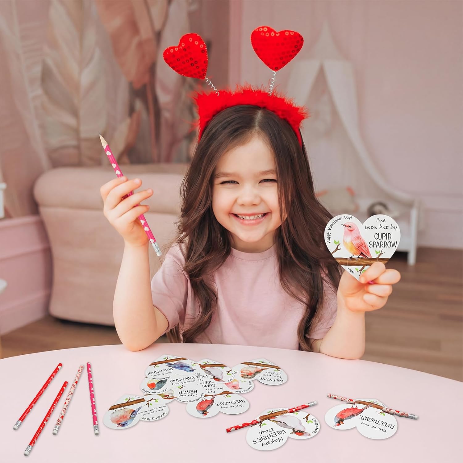 48 Sets DIY Valentine's Day Exchange Gift for Kids Bird Themed Funny Cards with Heart Pencils Wren Robin Sparrow for School Classroom Gifts Party Favors Supplies