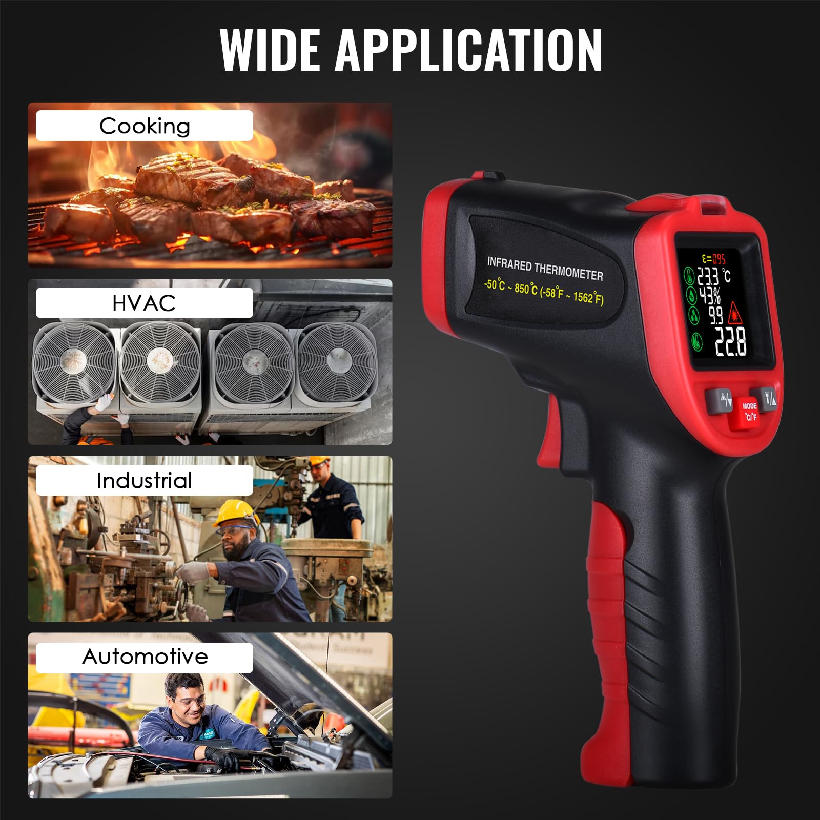 Termometro a infrarossi laser professionale -50°C a 850°C con termocoppia a pinza tipo K, senza contatto per temperatura in cucina, HVAC, industria