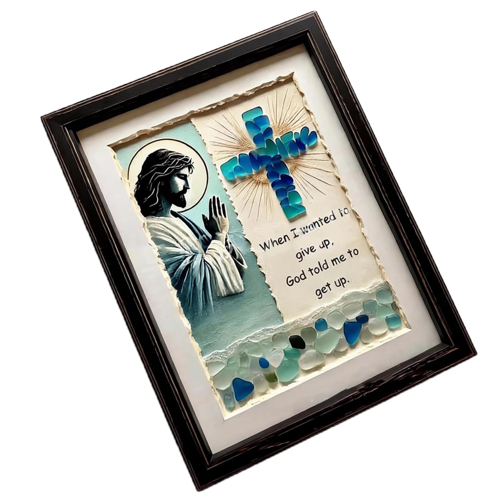 HZBB Jesuses Crucifix Sea Glass Wall Art with Frame Sea Glass Minis Wood Framed Decors Home Decors Crucifix with Wood Frame