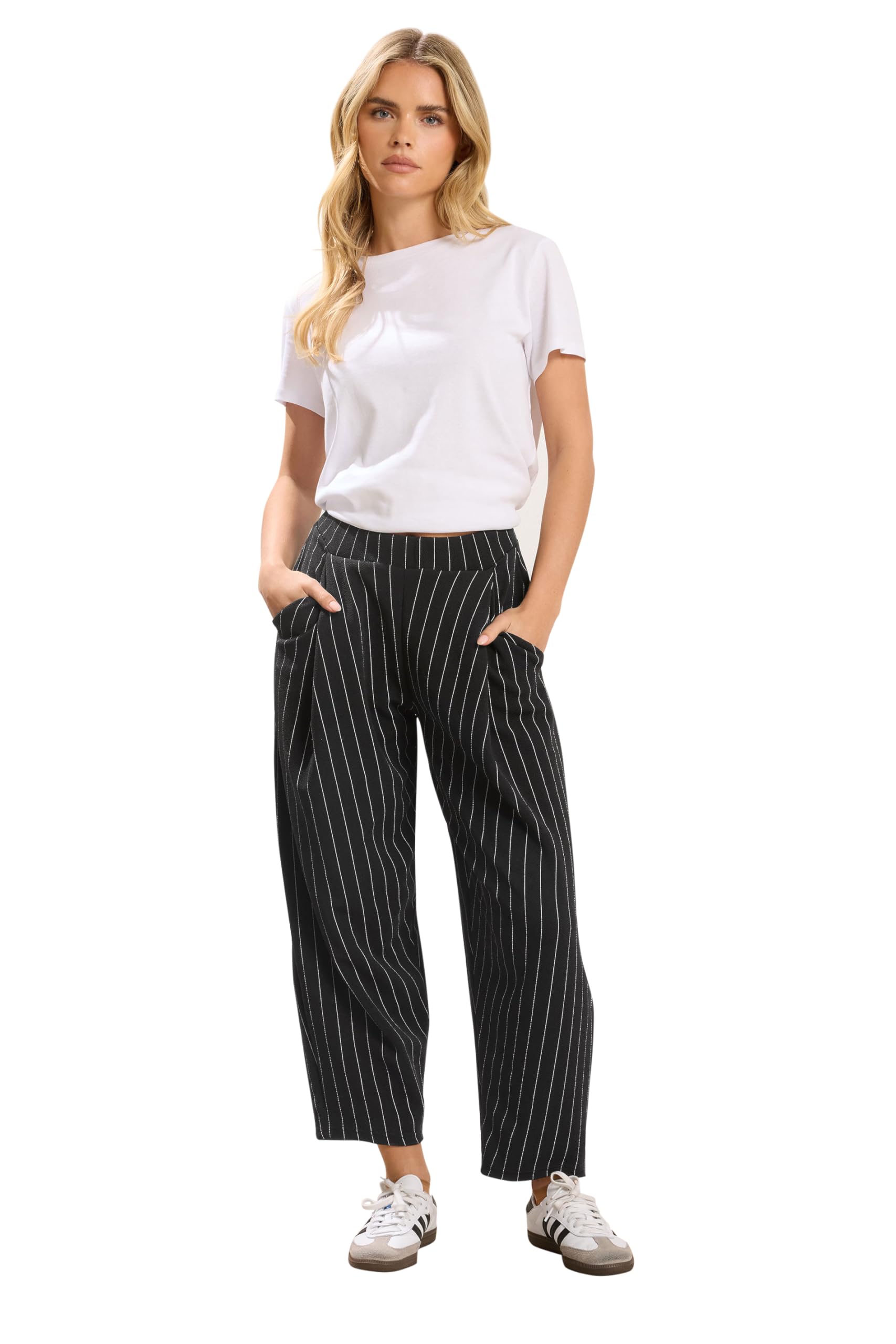 PixieGirl Women's Petite Stripe Barrel Leg Trousers in Black | Size: 16