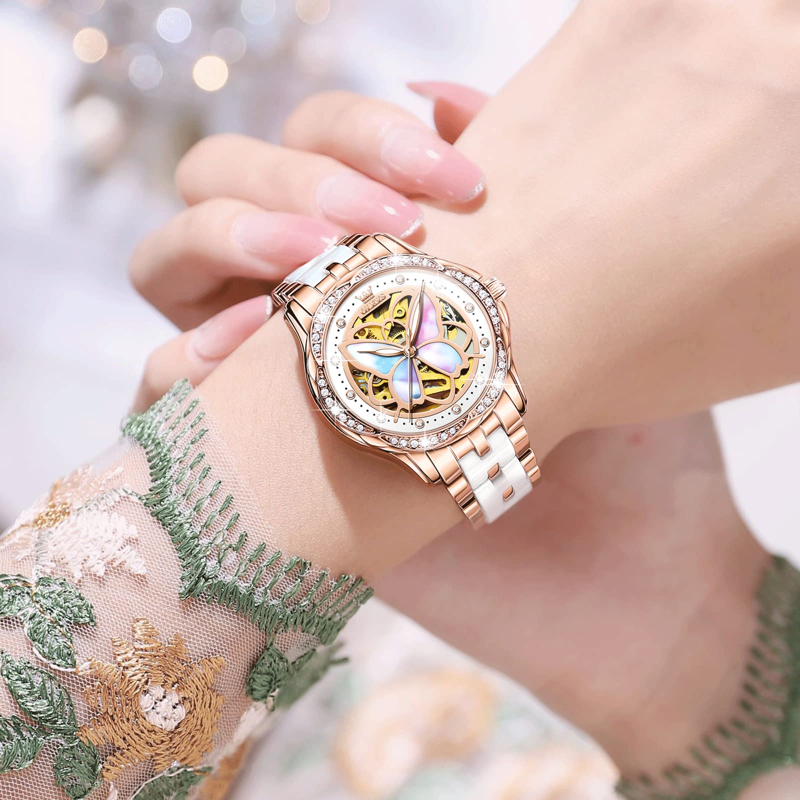 OLEVS Women's Automatic Watches - Elegant Rose Gold for Small Wrist - Dettaglio