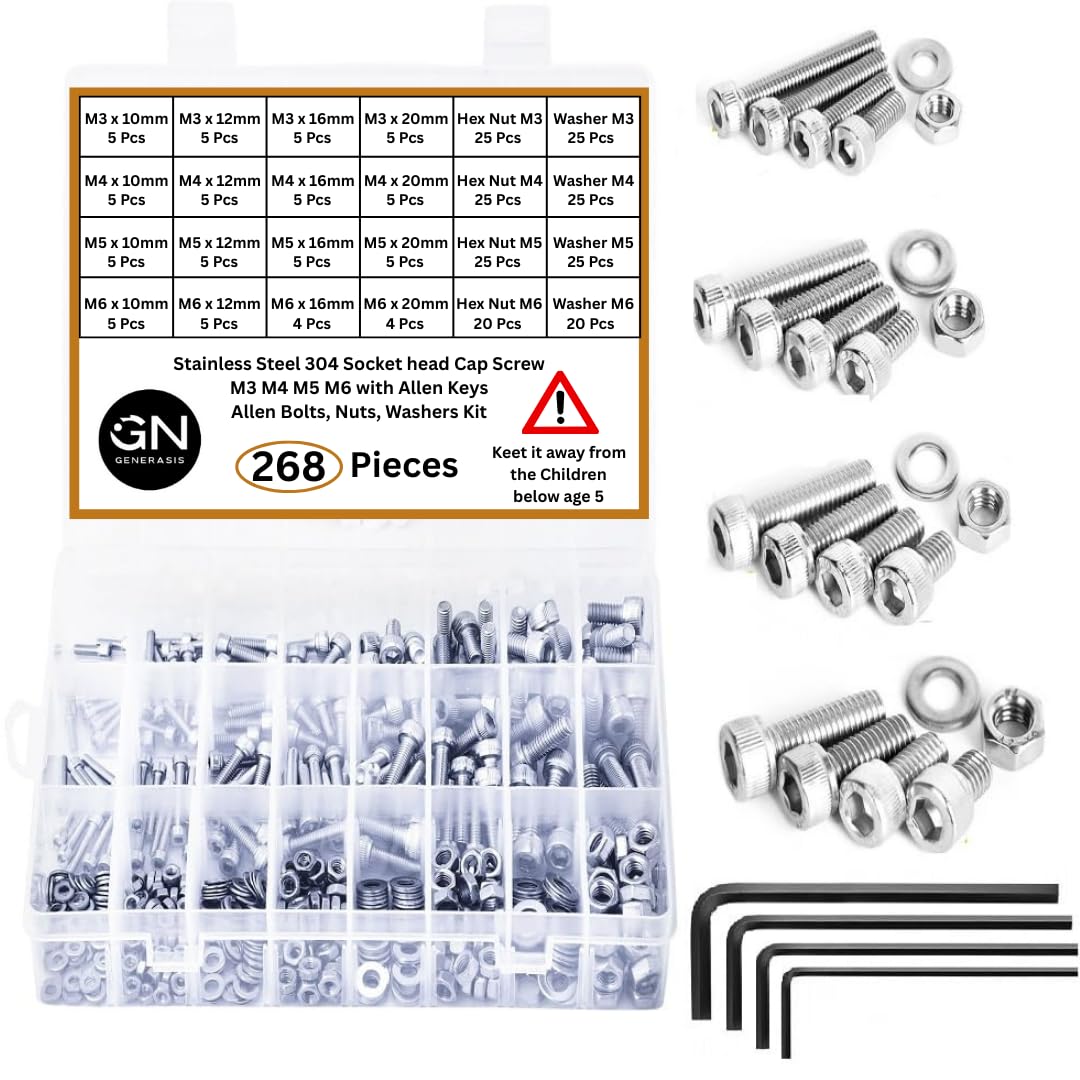 Generasis - SS304 | M3, M4, M5, M6 | Nut & Bolt Sets | 4 - Sizes | Stainless Steel Socket Head Cap Screws, Nuts, Washers & Allen Keys Assortment Kit – Storage Box for DIY, Home Use (Pack of 268)